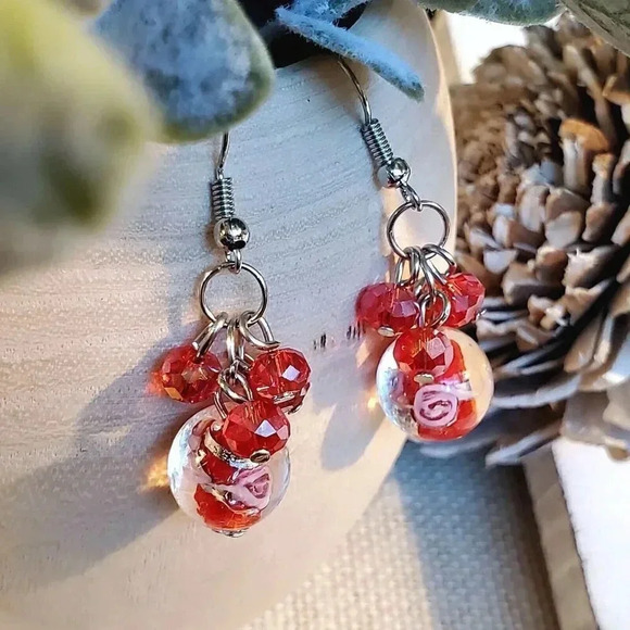 Handcrafted Red Murano Glass Flower Czech Crystal Beads Cluster Earrings - Picture 2 of 6